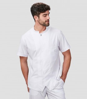 Casaca unisex Beleño Blanca en Microfibra elástica para peluquería y estética