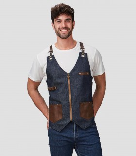 Chaleco unisex vaquero y piel reciclada para peluquería y barbería