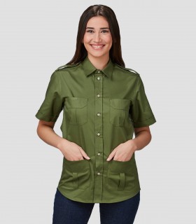 Camisa unisex 4 bolsillos Aciron Verde caqui para barbería, peluquería y estética