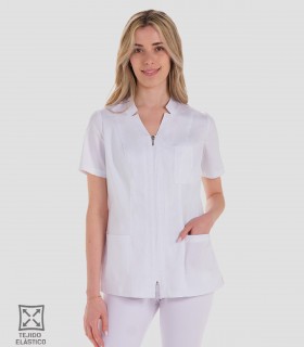 Casaca sanitaria elástica Manga corta mujer Blanca