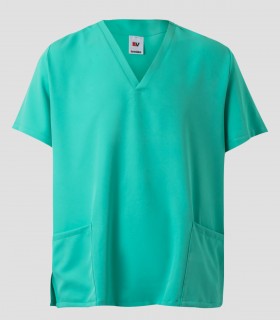 Casaca sanitaria de microfibra Menta con cuello pico y tratamiento repelente de líquidos