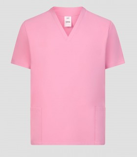 Casaca sanitaria de microfibra Rosa chicle con cuello pico y tratamiento repelente de líquidos