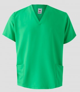 Casaca sanitaria de microfibra Verde esmeralda con cuello pico y tratamiento repelente de líquidos