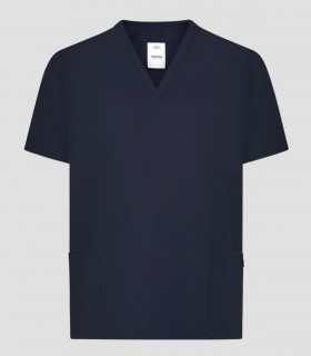 Casaca sanitaria de microfibra Azul navy con cuello pico y tratamiento repelente de líquidos