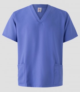 Casaca sanitaria de microfibra Azul persa con cuello pico y tratamiento repelente de líquidos