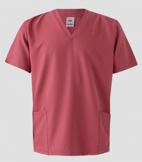 Casaca sanitaria de microfibra Rosa fresa con cuello pico y tratamiento repelente de líquidos