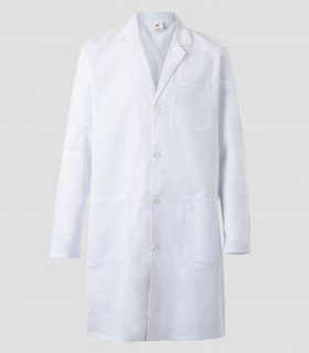 Bata de laboratorio blanca unisex en sarga con botones y tres bolsillos de parche