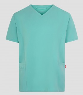 Casaca sanitaria unisex CYRUS Fiyi de tejido stretch reciclado con cuello en pico y tres bolsillos
