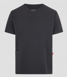 Casaca sanitaria unisex CYRUS Gris marengo de tejido stretch reciclado con cuello en pico y tres bolsillos