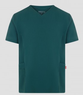 Casaca sanitaria unisex CYRUS Verde jungla de tejido stretch reciclado con cuello en pico y tres bolsillos