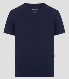 Casaca sanitaria unisex CYRUS Azul noche de tejido stretch reciclado con cuello en pico y tres bolsillos