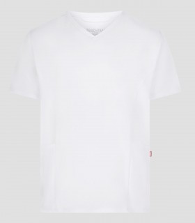 Casaca sanitaria unisex CYRUS Blanca de tejido stretch reciclado con cuello en pico y tres bolsillos