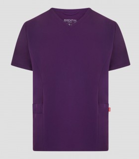 Casaca sanitaria unisex CYRUS Ciruela de tejido stretch reciclado con cuello en pico y tres bolsillos