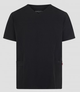 Casaca sanitaria unisex Cyrus Negra de tejido stretch reciclado con cuello en pico y tres bolsillos