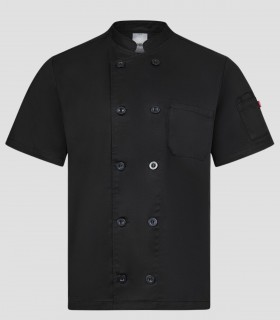 Chaqueta de cocina unisex de manga corta en sarga Negra con doble botonadura y bolsillo en la manga