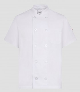 Chaqueta de cocina unisex de manga corta en sarga Blanca con doble botonadura y bolsillo en la manga