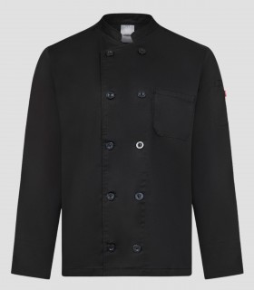 Chaqueta de cocina negra unisex de manga larga con cuello tirilla y doble botonadura en sarga