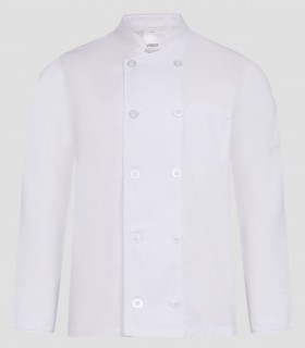 Chaqueta de cocina blanca unisex de manga larga con cuello tirilla y doble botonadura en sarga